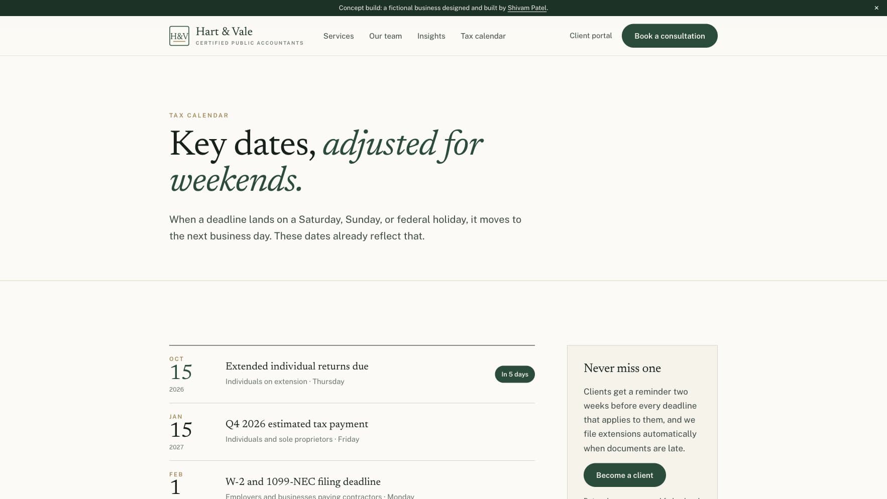 Hart & Vale tax calendar with adjusted deadlines