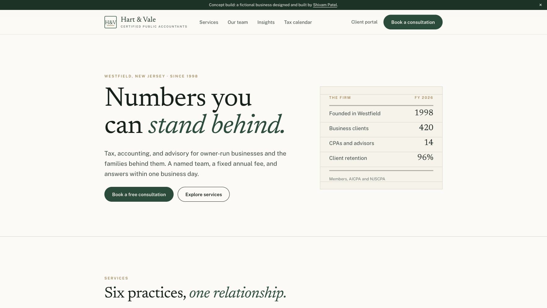 Hart & Vale home page with firm ledger