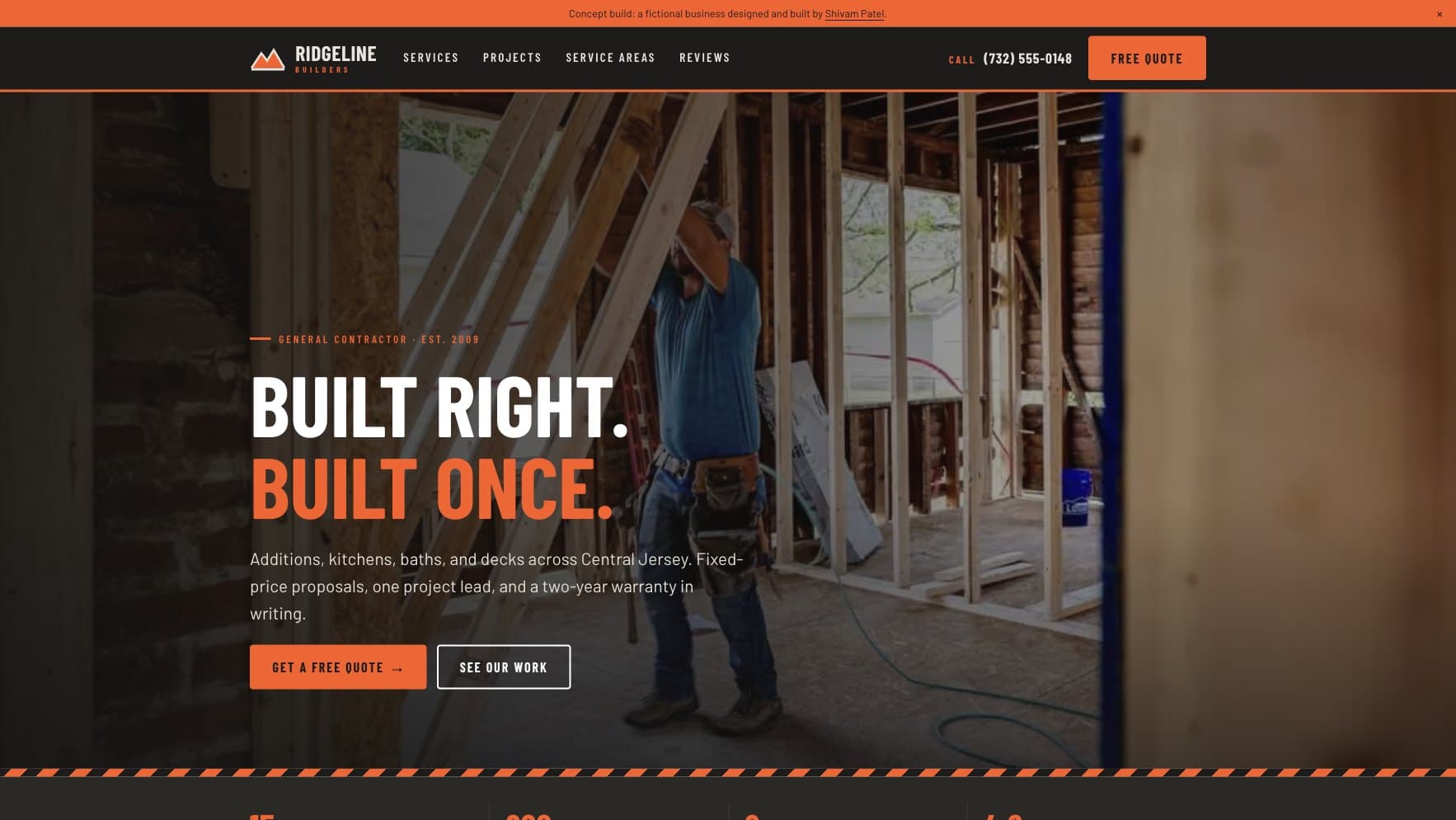 Ridgeline Builders home page with framing-crew hero