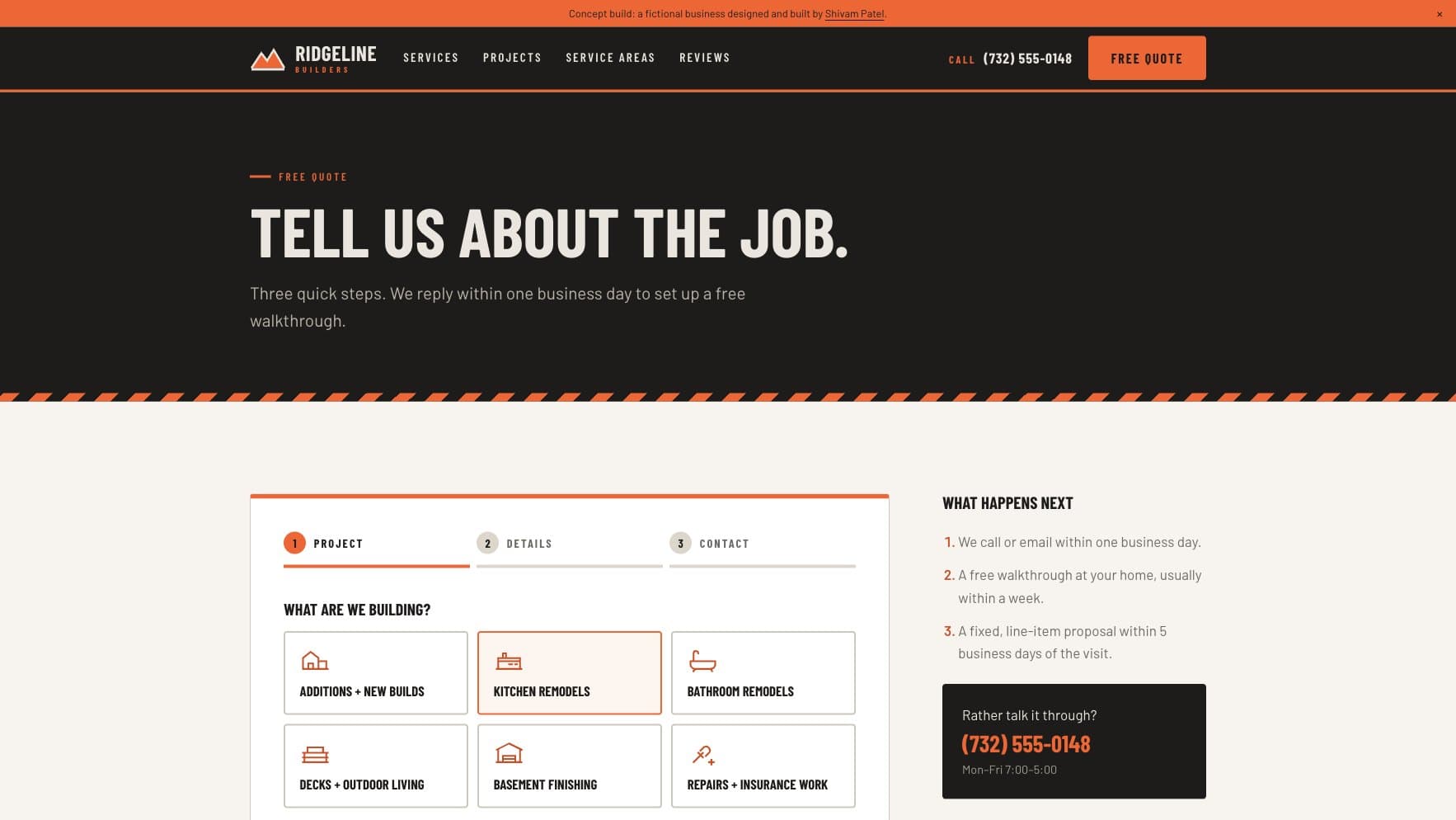 Ridgeline three-step quote wizard