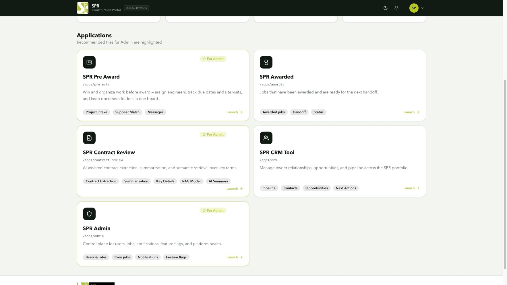 SPR portal application tiles in light mode