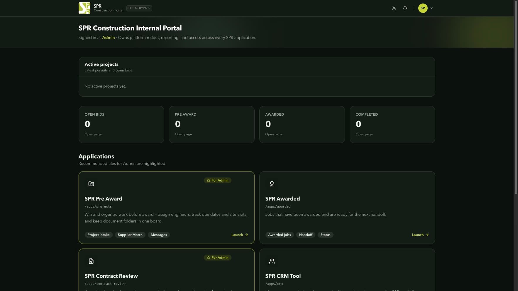SPR Construction portal hub with project stats