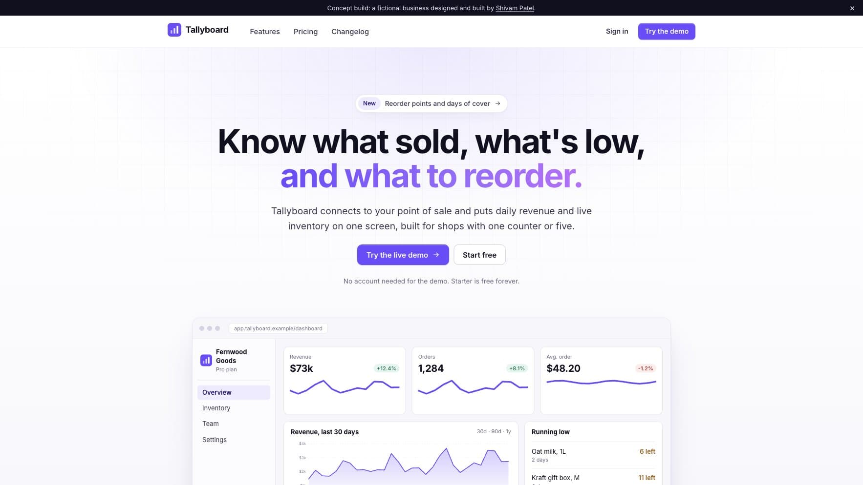 Tallyboard marketing home with product preview